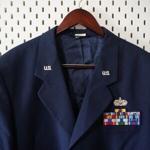 Vintage USAF Air Force Dress Uniform Jacket Blue Ribbons Patches 46L